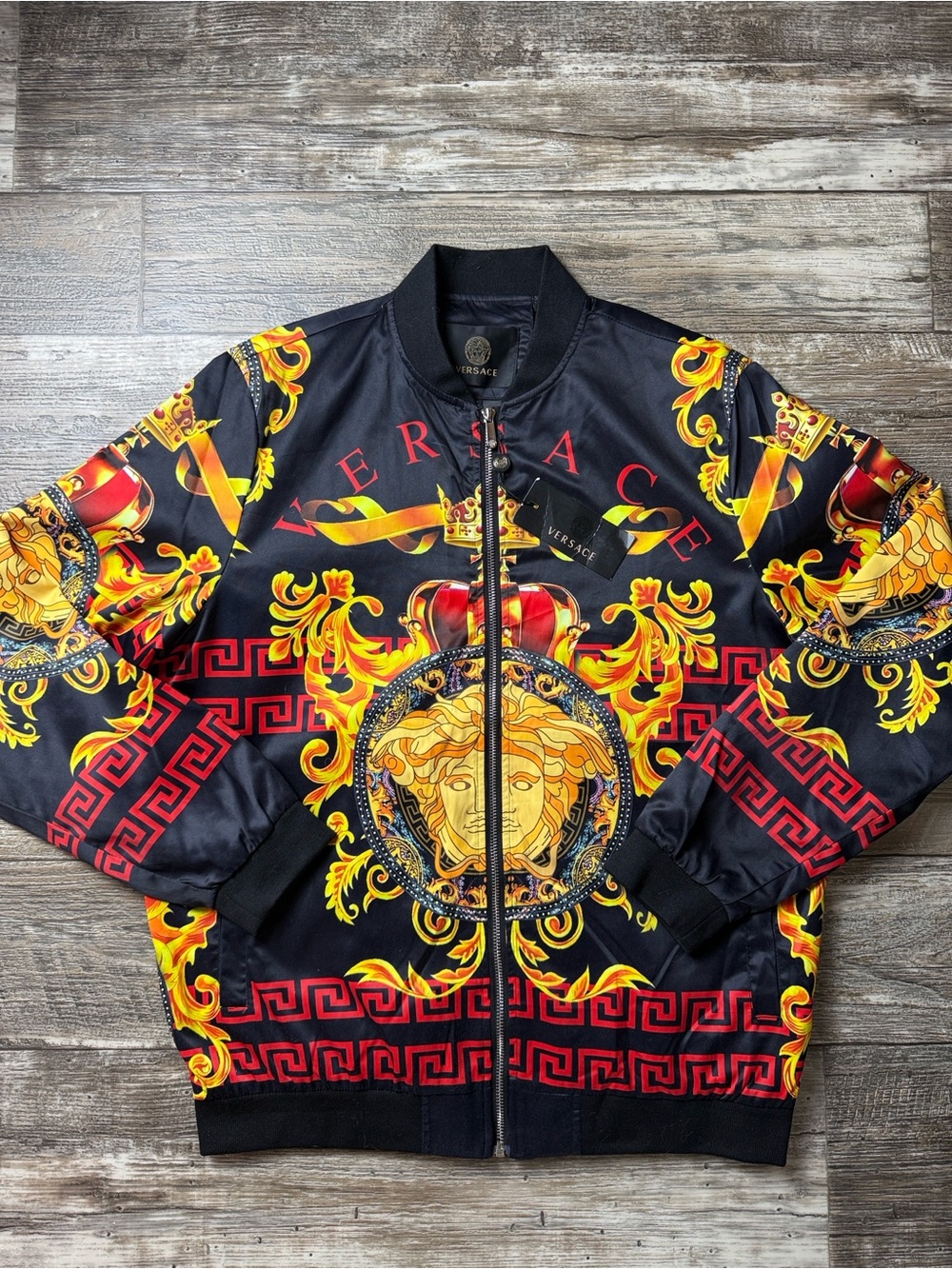 Versace Men’s Black & Zip, Gold Baroque Bomber Jacket, Larger MADE IN ITALY